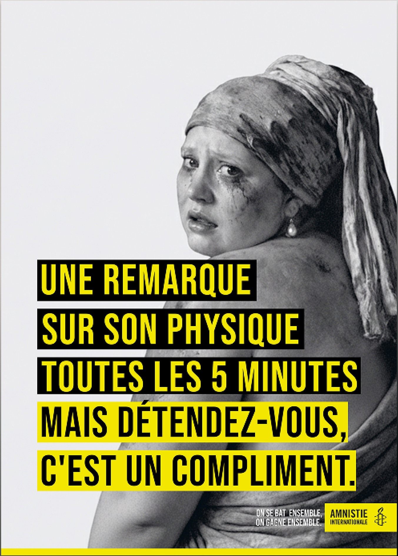 Affiche Amnesty International reprenant La Jeune Fille à la perle de Vermeer en pleurs, avec un message sur le harcèlement de rue