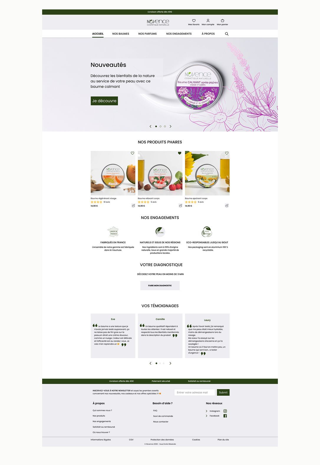 Détail de la page d'accueil du site e-commerce Novence